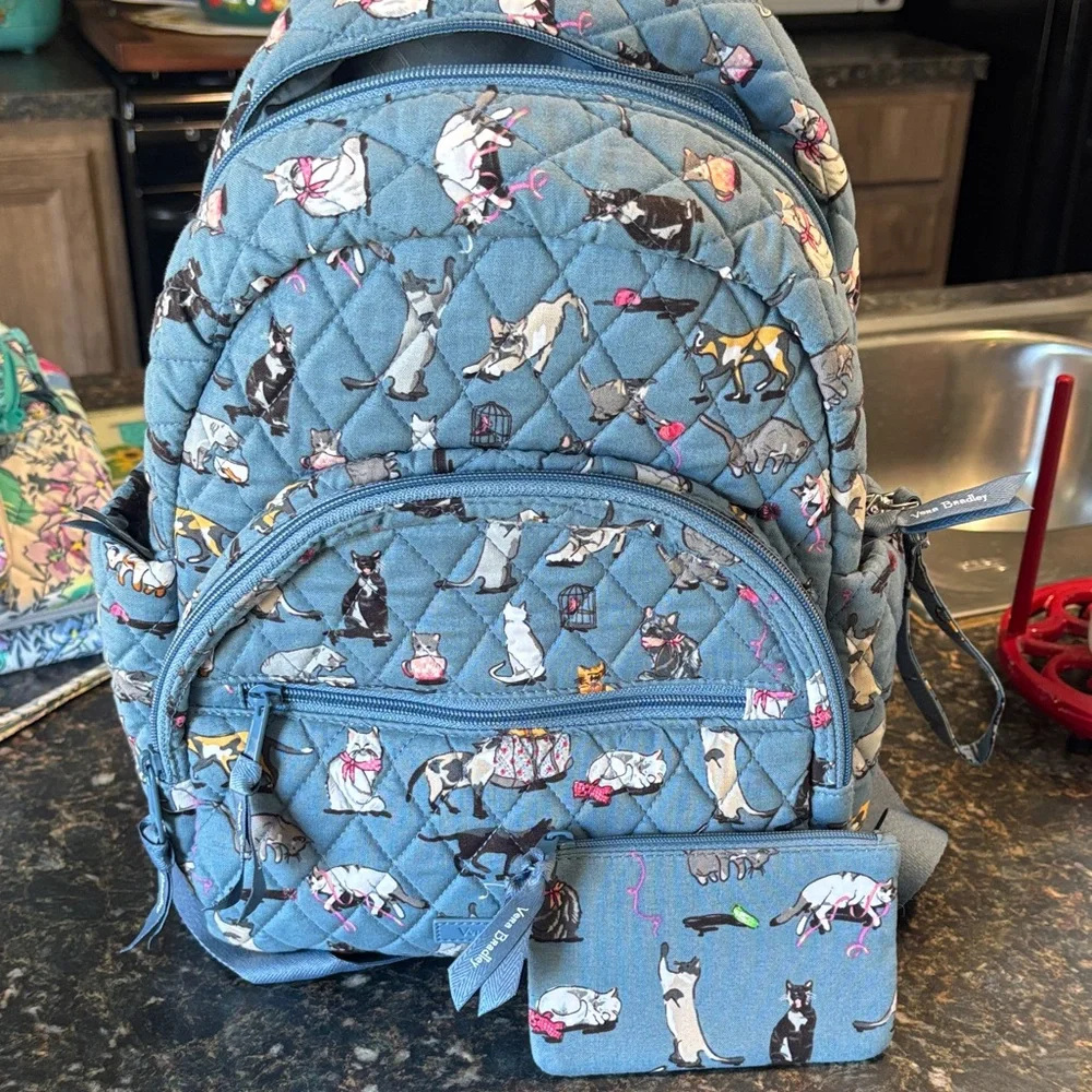 Vera Bradley Blue Cat Print Quilted Backpack with Pouch. MINI BACKPACK - Picture 1 of 10